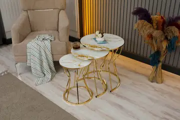 Beyza, Zigon Sehpa, Gold Metal, Mermer Desen